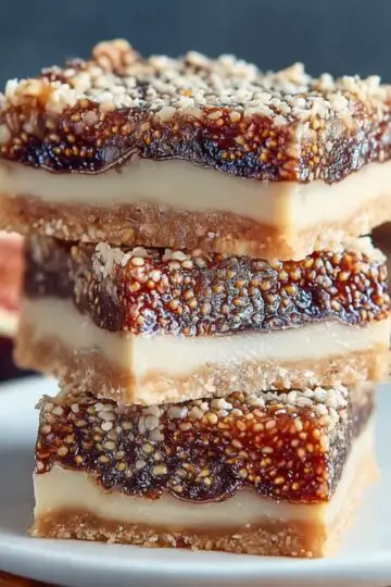 A stack of chewy fig bars with visible fig seeds and creamy filling layers, topped with sesame crumbs, placed on a white plate.