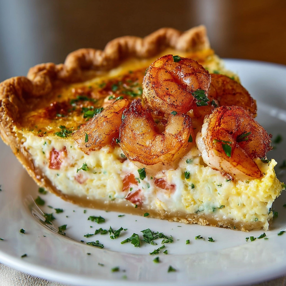 Slice of creamy Florida Shrimp Pie topped with seasoned seared shrimp and garnished with chopped parsley on a white plate