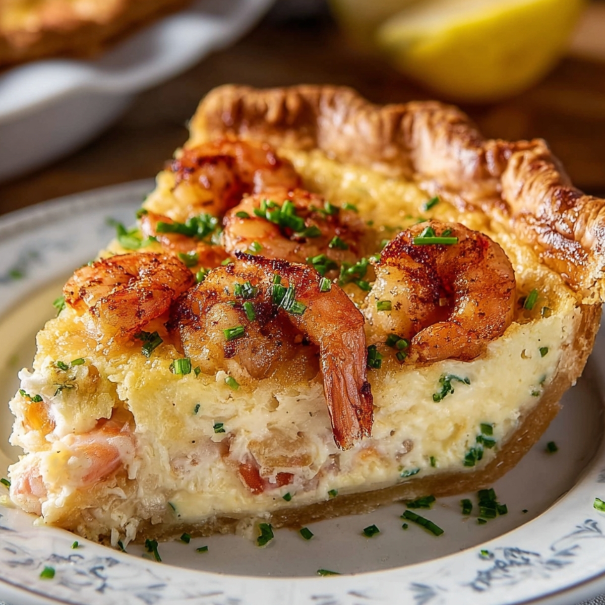 Slice of creamy Florida Shrimp Pie topped with seasoned seared shrimp and garnished with chopped parsley on a white plate