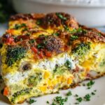 A slice of Frittata Recipe on a plate, garnished with parsley, showing a cross-section of vegetables like broccoli, mushrooms, and corn inside the dish.