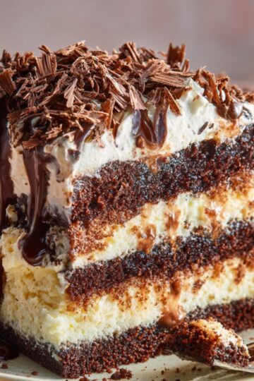 A decadent slice of chocolate Elvis Presley Cake Recipes, rich with layers of moist, dark sponge, creamy frosting, and a generous drizzle of chocolate sauce, topped with finely shaved chocolate.