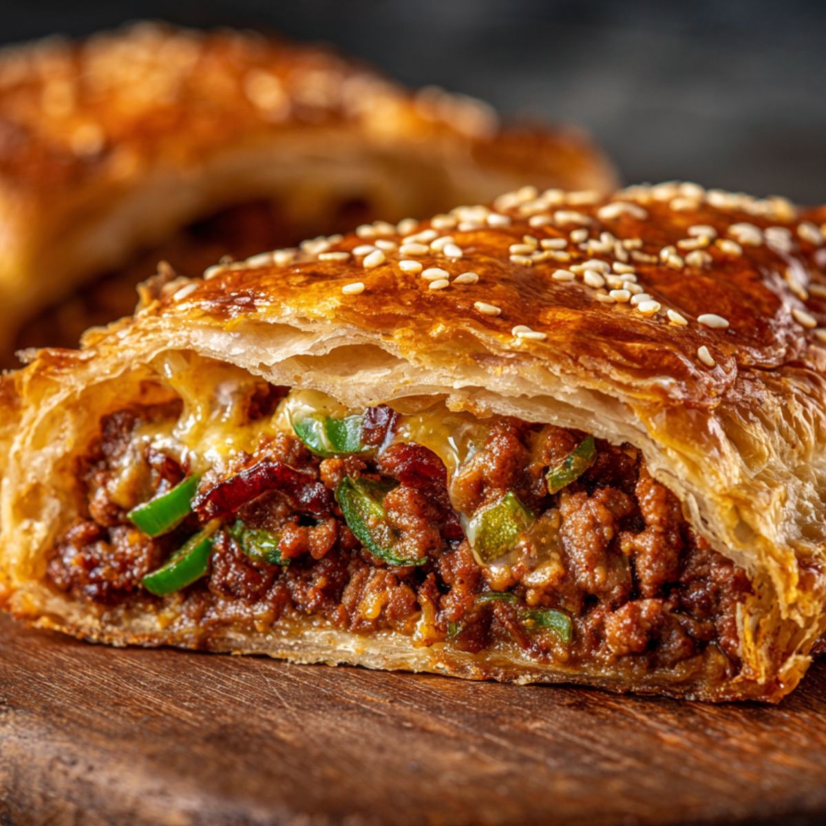 Close-up of a Garbage Bread, flaky pastry roll filled with seasoned ground beef, green peppers, and cheese. The top of the roll is garnished with sesame seeds, showcasing a delicious, savory filling.