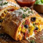 Close-up of a Garbage Bread, flaky pastry roll filled with seasoned ground beef, green peppers, and cheese. The top of the roll is garnished with sesame seeds, showcasing a delicious, savory filling.