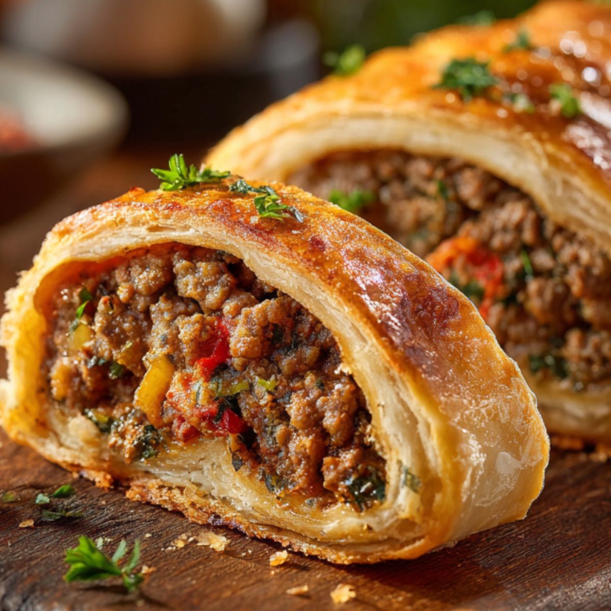 Close-up of a Garbage Bread, flaky pastry roll filled with seasoned ground beef, green peppers, and cheese. The top of the roll is garnished with sesame seeds, showcasing a delicious, savory filling.