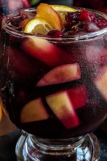 A close-up of chilled Halloween sangria with fruit chunks and orange slices, served in a frosty goblet, decorated with mini pumpkins and a skull.