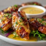 Plate of golden honey mustard chicken garnished with chopped parsley, served with a small bowl of dipping sauce on a bed of greens.