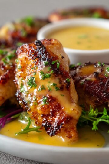 Plate of golden honey mustard chicken garnished with chopped parsley, served with a small bowl of dipping sauce on a bed of greens.