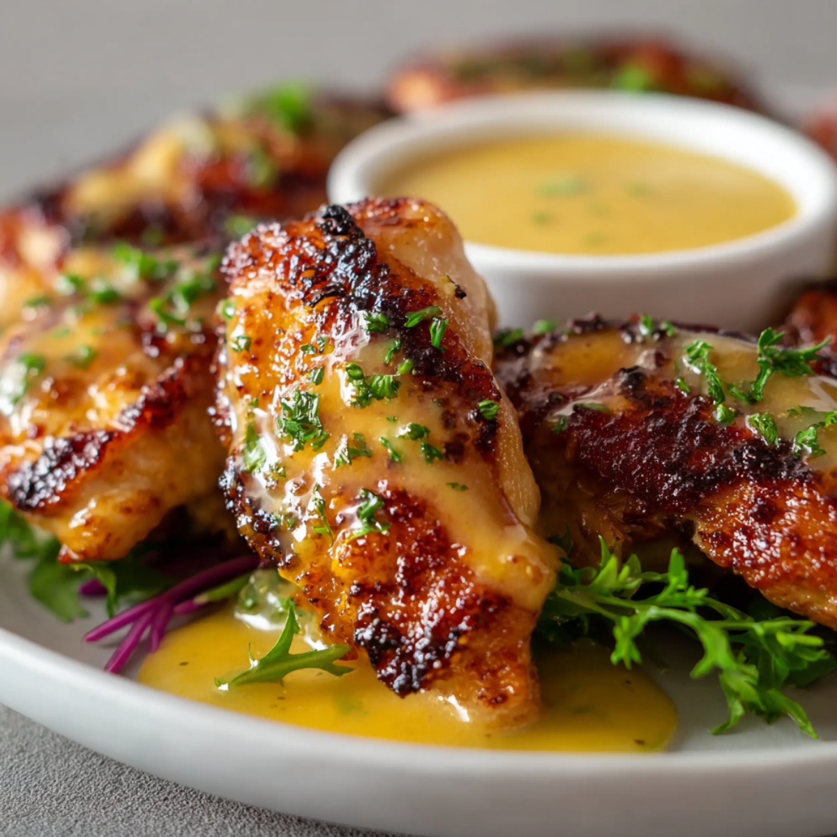 Plate of golden honey mustard chicken garnished with chopped parsley, served with a small bowl of dipping sauce on a bed of greens.