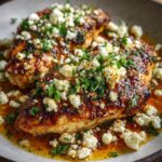 "Close-up of honey-glazed Hot Honey Feta Chicken breasts garnished with crumbled feta cheese and chopped parsley in a rich golden sauce."