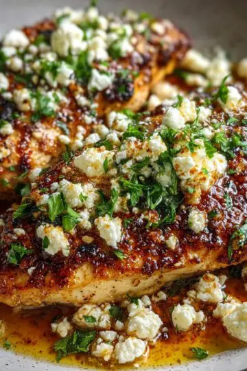 "Close-up of honey-glazed Hot Honey Feta Chicken breasts garnished with crumbled feta cheese and chopped parsley in a rich golden sauce."