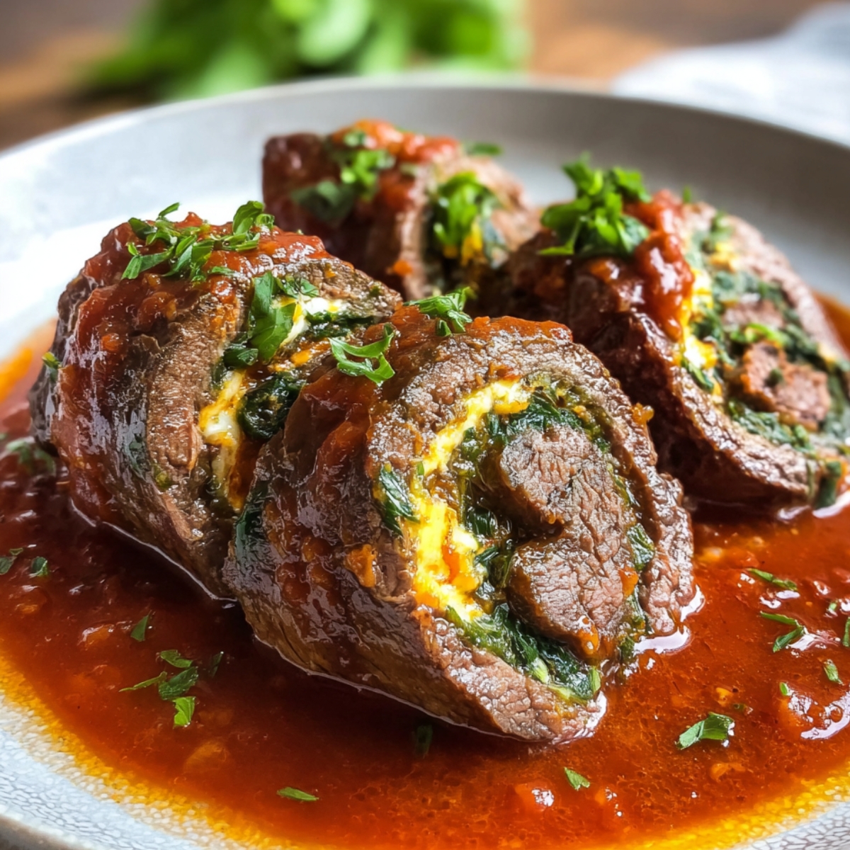 Tender Irresistible Beef Braciole rolls filled with spinach and cheese, topped with tomato sauce and parsley, presented beautifully on a plate.
