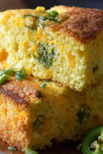 Two thick slices of jalapeño cheddar cornbread stacked on a wooden plate, showing melted cheese and green jalapeño bits, garnished with sliced jalapeños.