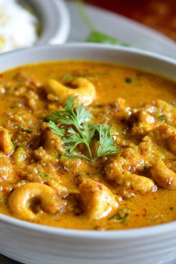 Another variation of cashew Kaju Curry Recipe, served with a garnish of fresh coriander leaves, placed on stacked plates with naan bread in the background.