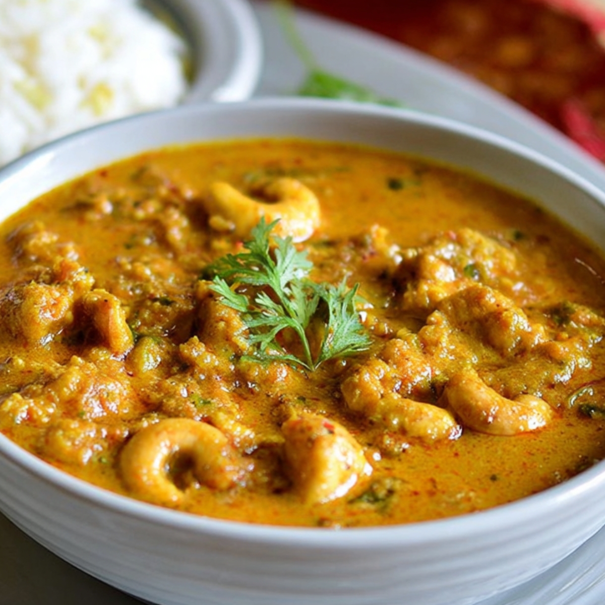 Another variation of cashew Kaju Curry Recipe, served with a garnish of fresh coriander leaves, placed on stacked plates with naan bread in the background.
