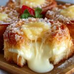 A tray of Kings Hawaiian Cheesecake Danish with melted cheese oozing from the center, the rolls are golden-brown, topped with powdered sugar, and garnished with a fresh strawberry and mint leaf.
