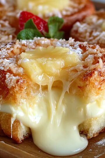 A tray of Kings Hawaiian Cheesecake Danish with melted cheese oozing from the center, the rolls are golden-brown, topped with powdered sugar, and garnished with a fresh strawberry and mint leaf.
