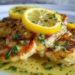 Cooked Lemon Chicken Recipe in a lemon sauce, topped with lemon slices and fresh parsley.