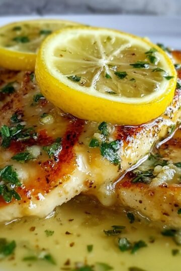 Cooked Lemon Chicken Recipe in a lemon sauce, topped with lemon slices and fresh parsley.