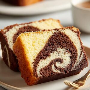 Two slices of marble cake showing a beautiful swirl of chocolate and vanilla sponge on a plate, served with a cup of coffee in the background.