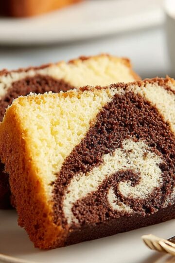 Two slices of marble cake showing a beautiful swirl of chocolate and vanilla sponge on a plate, served with a cup of coffee in the background.