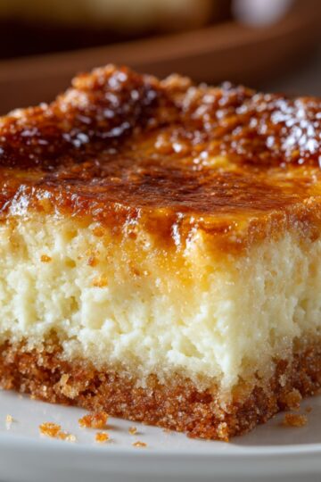 A close-up of a single slice of Neiman Marcus cake on a white plate, showing a thick, gooey cream cheese layer over a moist, buttery crust. The top is deeply golden and slightly crisp, while the inside looks creamy and tender. Crumb details are visible on the plate, emphasizing the cake’s rich, melt-in-your-mouth texture.