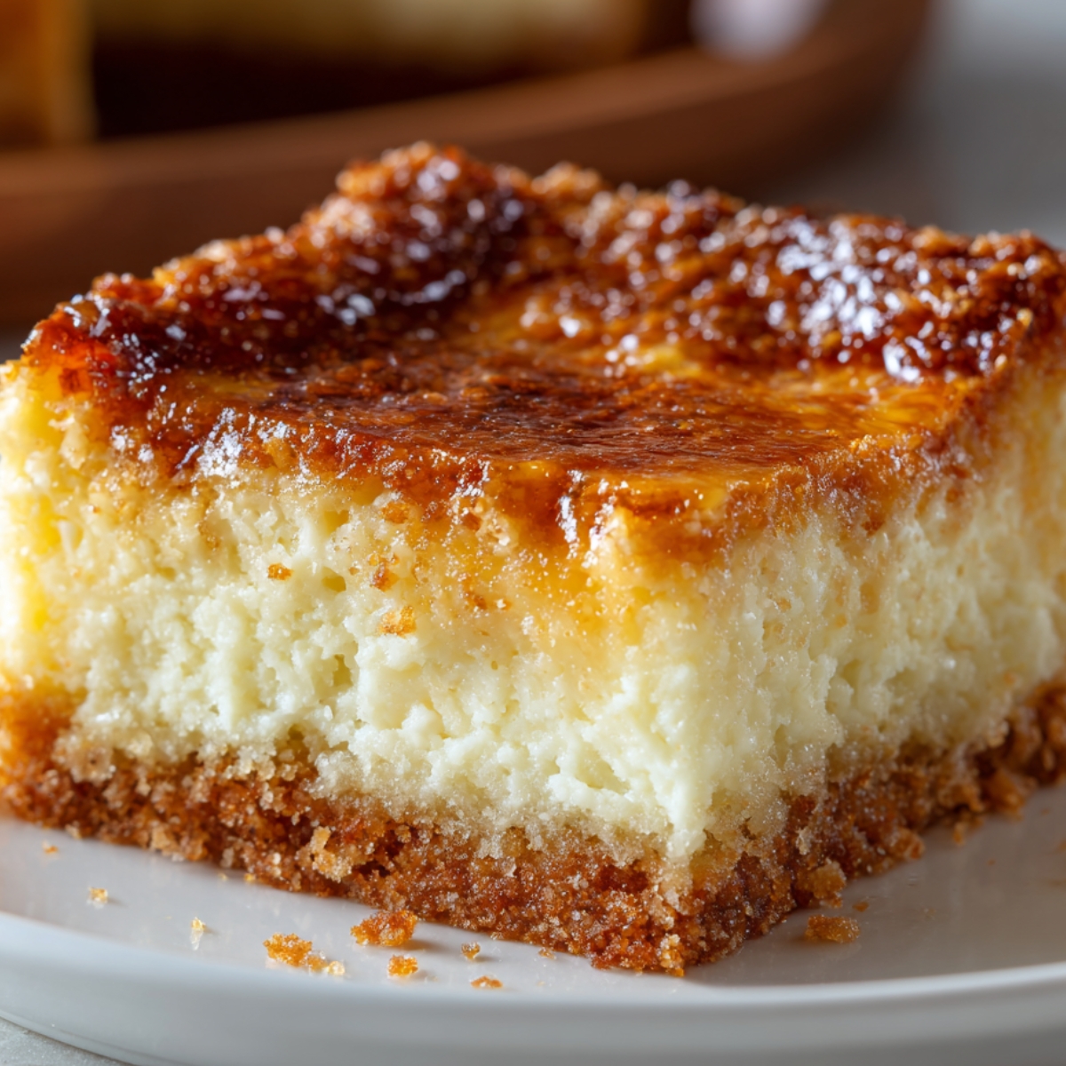 A close-up of a single slice of Neiman Marcus cake on a white plate, showing a thick, gooey cream cheese layer over a moist, buttery crust. The top is deeply golden and slightly crisp, while the inside looks creamy and tender. Crumb details are visible on the plate, emphasizing the cake’s rich, melt-in-your-mouth texture.