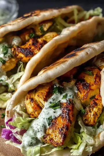 Grilled Pan Chicken Pitas wraps filled with lettuce, tzatziki sauce, and herbs, arranged on a wooden board with dipping sauces in the background.