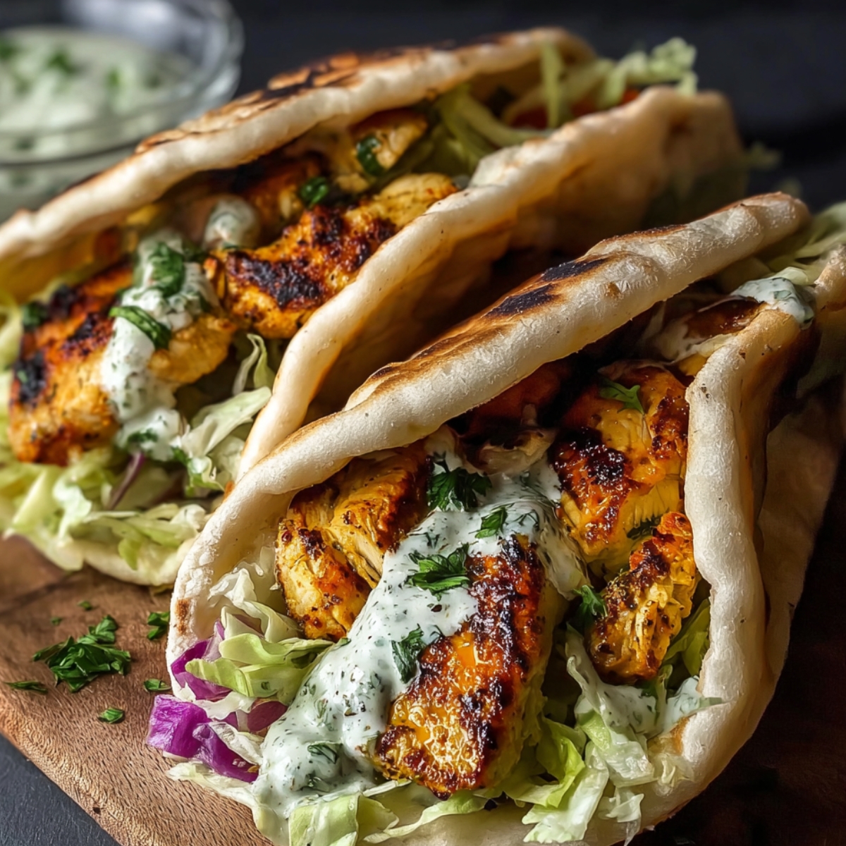 Grilled Pan Chicken Pitas wraps filled with lettuce, tzatziki sauce, and herbs, arranged on a wooden board with dipping sauces in the background.