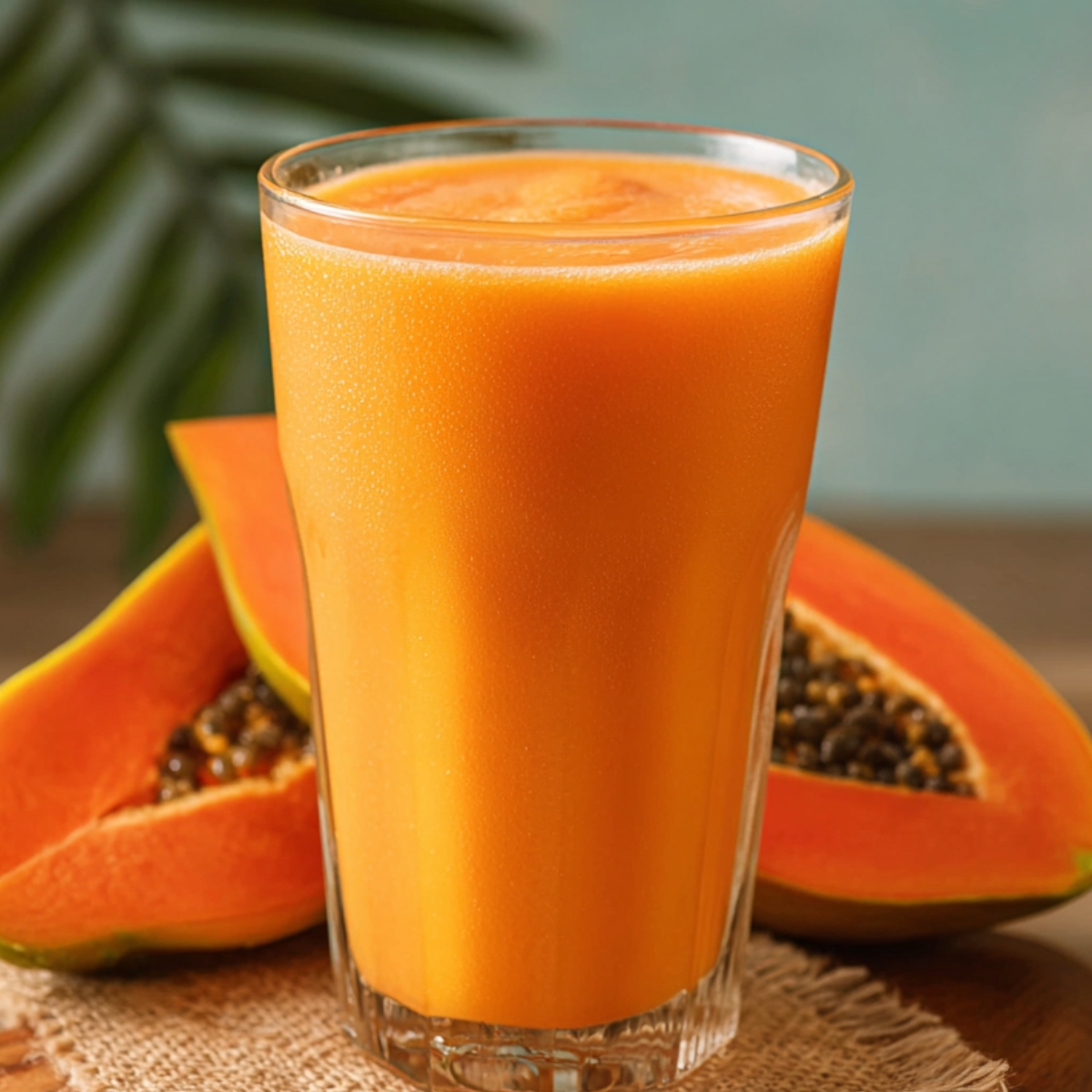 Glass of freshly blended papaya juice on a wooden surface with ripe papaya halves in the background.