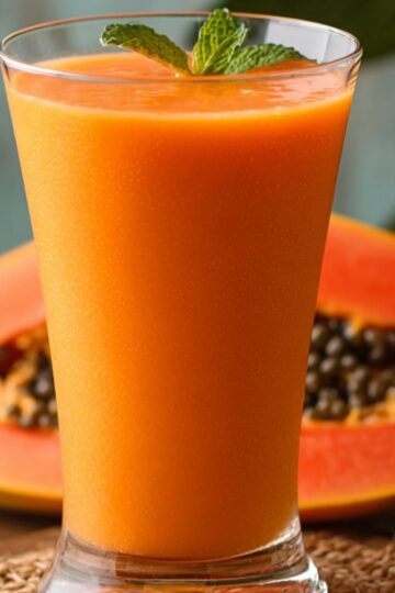 Papaya Juice smoothie served in a tall glass garnished with mint leaves, with sliced papaya behind it.