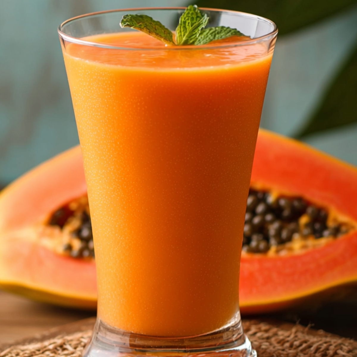 Papaya Juice smoothie served in a tall glass garnished with mint leaves, with sliced papaya behind it.