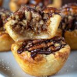 Pecan tassies on a plate with a bite taken out, showing a soft, nutty interior and a crisp crust.