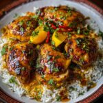 A beautifully roasted Persian chicken dish with a tangy sauce, served with rice and topped with fresh cilantro, orange slices, and chili for a pop of color.