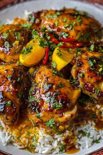A beautifully roasted Persian chicken dish with a tangy sauce, served with rice and topped with fresh cilantro, orange slices, and chili for a pop of color.