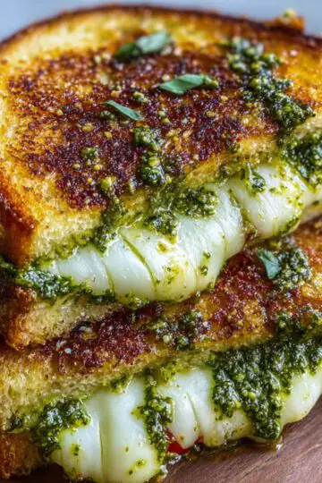 A close-up of a pesto grilled cheese sandwich cut in half, showing melted mozzarella and green pesto filling inside crispy, buttery bread.