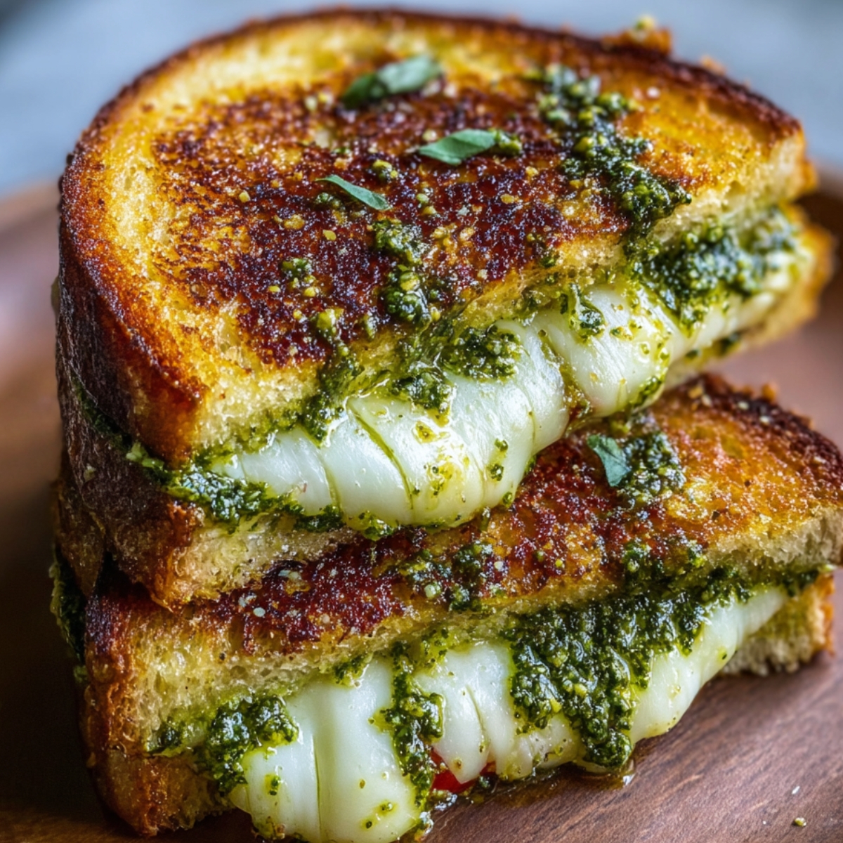 A close-up of a pesto grilled cheese sandwich cut in half, showing melted mozzarella and green pesto filling inside crispy, buttery bread.