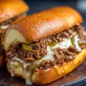 Close-up of a Philly Cheesesteak Sloppy Joes sandwich filled with juicy ground beef, melted cheese, and green peppers in a toasted bun.
