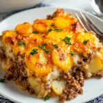A close-up of a hearty serving of potato and hamburger casserole on a white plate. The slice shows distinct layers of beef, creamy sauce, and sliced potatoes covered in melted cheese and garnished with fresh parsley. A fork rests beside the plate, and the remaining casserole is visible in the background.