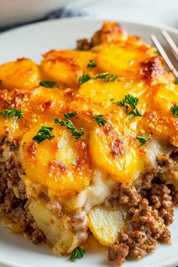 A close-up of a hearty serving of potato and hamburger casserole on a white plate. The slice shows distinct layers of beef, creamy sauce, and sliced potatoes covered in melted cheese and garnished with fresh parsley. A fork rests beside the plate, and the remaining casserole is visible in the background.
