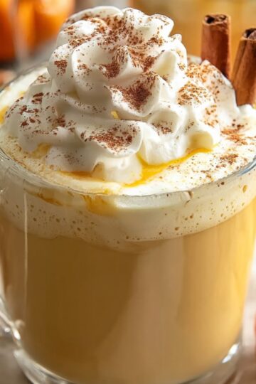 A clear glass mug filled with Pumpkin White Hot Chocolate chocolate, topped with whipped cream, cinnamon powder, and cinnamon sticks, surrounded by mini pumpkins and pinecones.