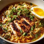 A bowl of Ramen Noodles with grilled chicken slices, green onions, and a soft-boiled egg, placed in a flavorful broth.