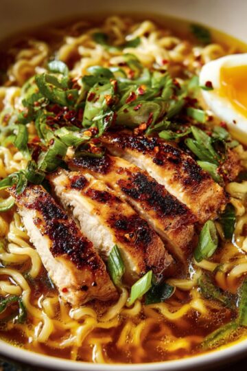 A bowl of Ramen Noodles with grilled chicken slices, green onions, and a soft-boiled egg, placed in a flavorful broth.