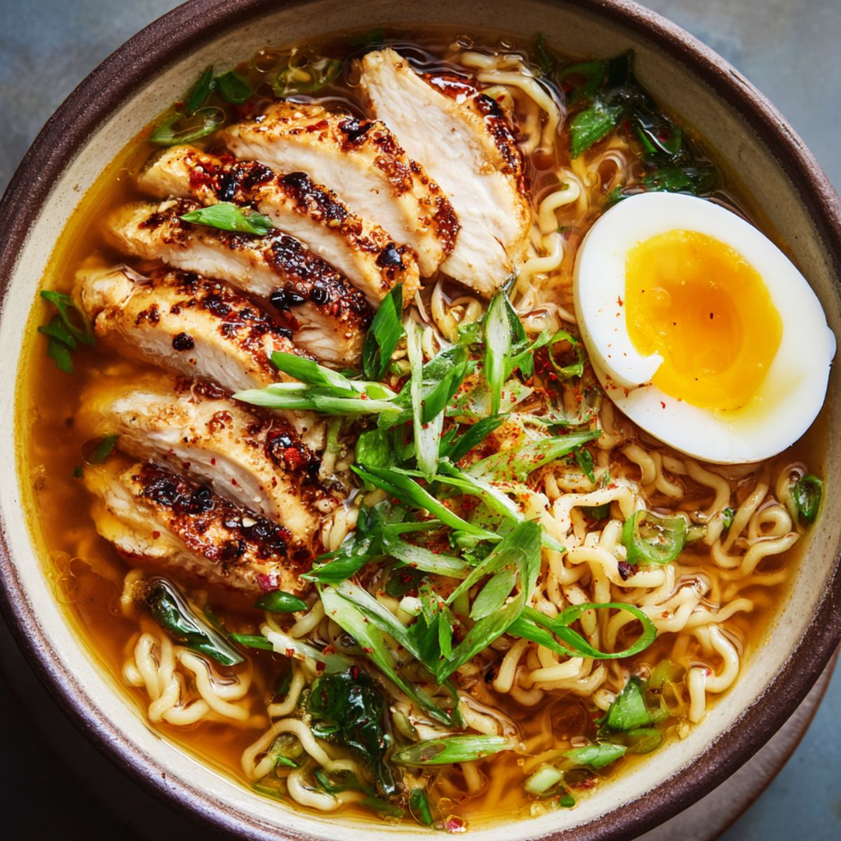 A bowl of Ramen Noodles with grilled chicken slices, green onions, and a soft-boiled egg, placed in a flavorful broth.
