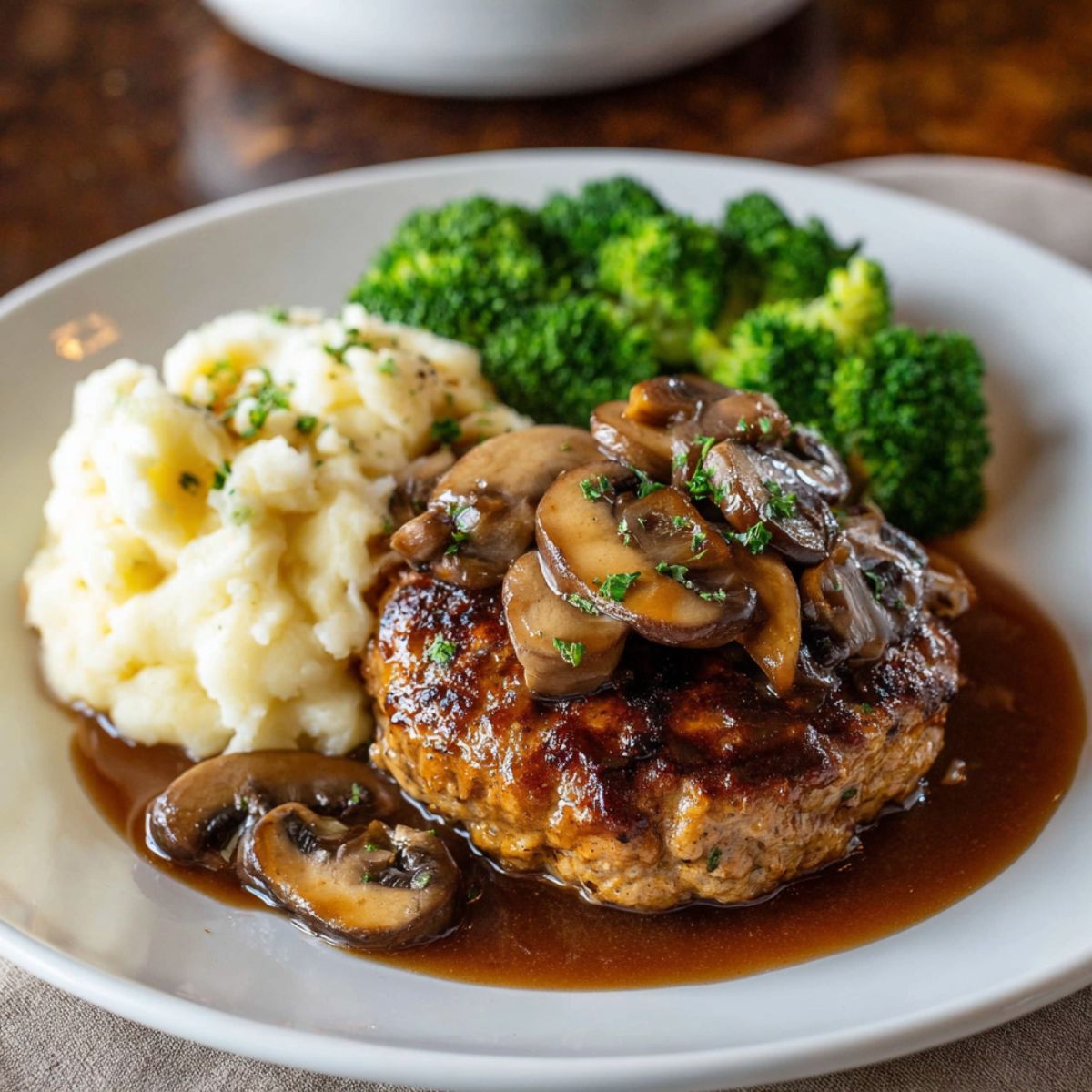 A delicious plate of Salisbury steak is served with mashed potatoes and a savory brown gravy. The steaks are topped with onions and the rich sauce, making for a comforting, hearty meal.
