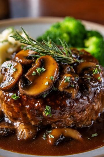 A delicious plate of Salisbury steak is served with mashed potatoes and a savory brown gravy. The steaks are topped with onions and the rich sauce, making for a comforting, hearty meal.