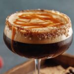 Elegant salted caramel espresso martini topped with frothy foam and caramel drizzle, served in a coupe glass with a sugar rim and garnished with a drizzle running down the side.