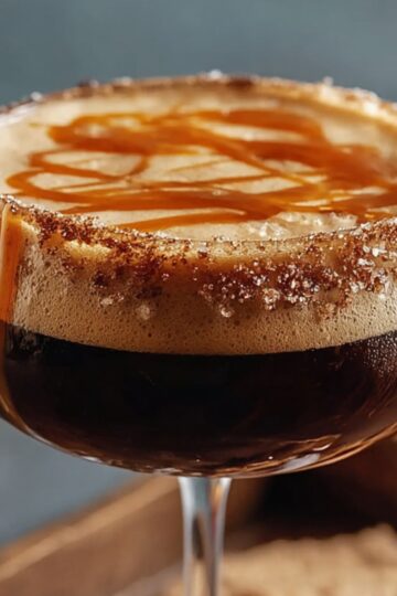 Elegant salted caramel espresso martini topped with frothy foam and caramel drizzle, served in a coupe glass with a sugar rim and garnished with a drizzle running down the side.
