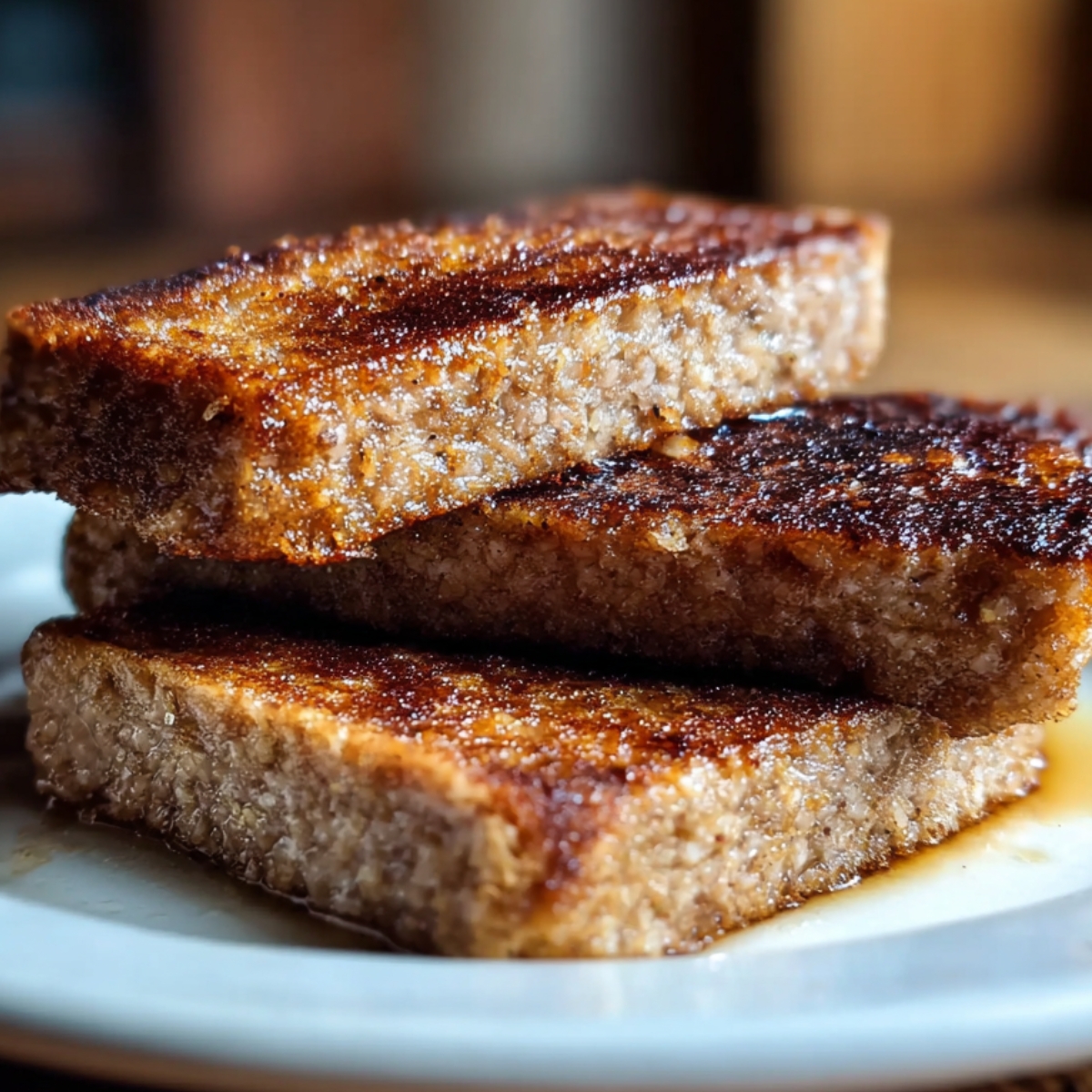 Three thick, crispy Scrapple Recipe slices stacked on a white plate, glistening with a caramelized crust and ready to serve.