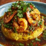 A similar dish with a base, topped with Shrimp Mofongo Recipe, garnished with fresh cilantro and a rich, savory sauce.