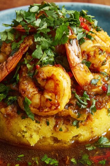 A similar dish with a base, topped with Shrimp Mofongo Recipe, garnished with fresh cilantro and a rich, savory sauce.